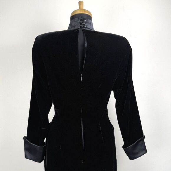 Vintage 80s Depêche Mode Black Velvet Cocktail Dress Satin Trim Mock Neck Korea - Picture 7 of 10